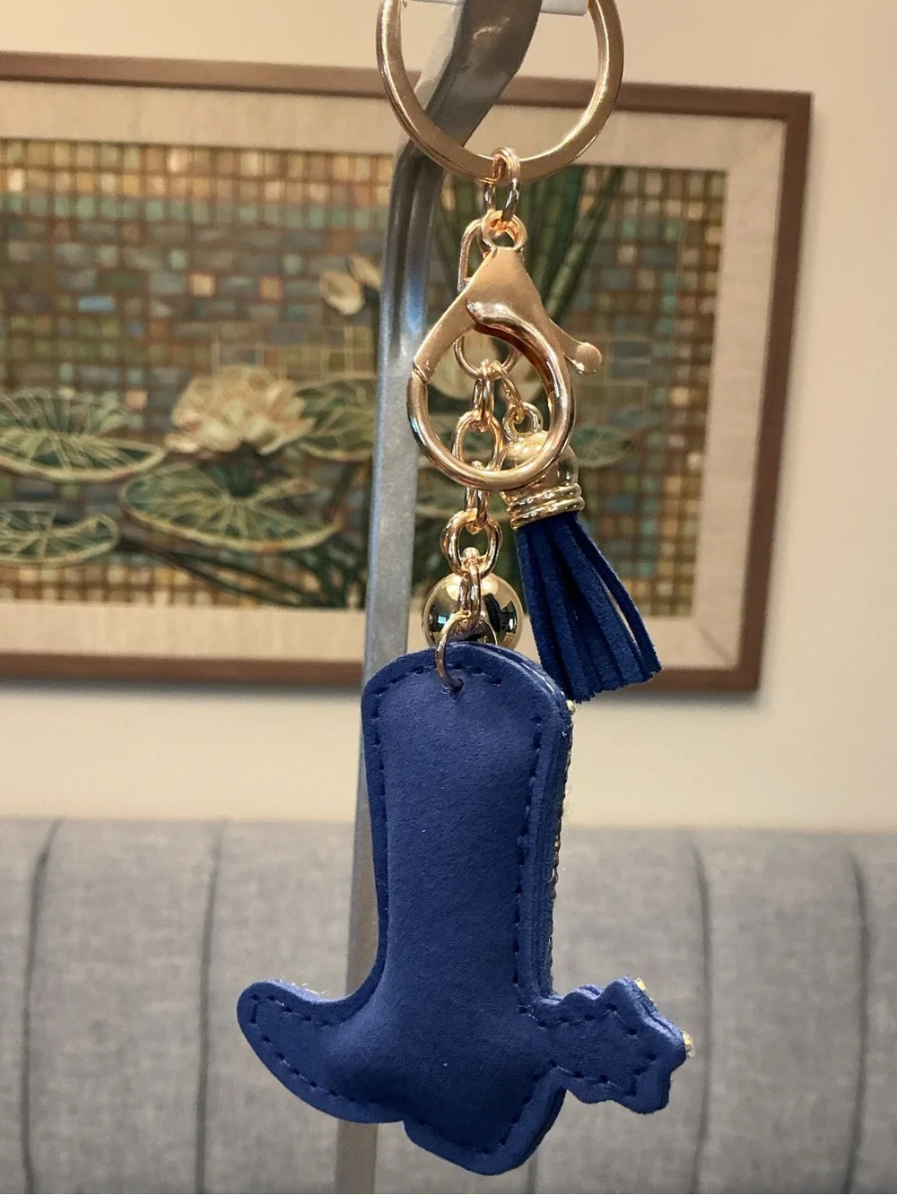 Blue Puffy Crystal Cowboy Boot Keychain with Tassel